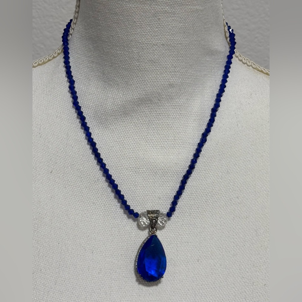 Elegant Antique inspired Large Blue Stone Pendant Necklace,Handmade